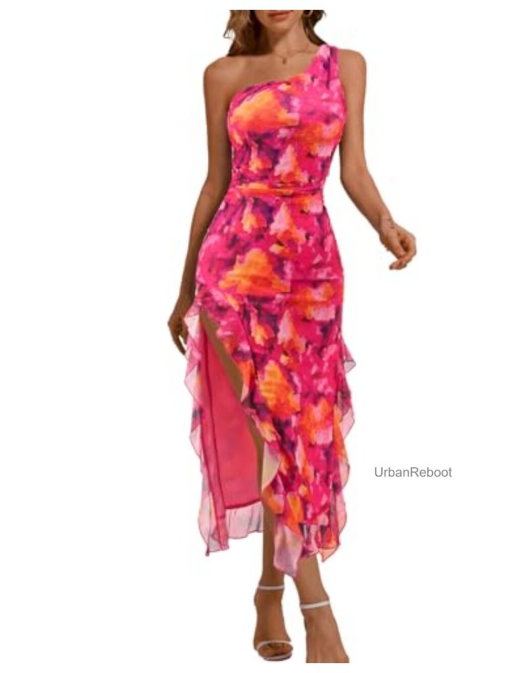 Womens One Shoulder Mesh Ruched Bodycon Maxi Dress with Ruffle Slit